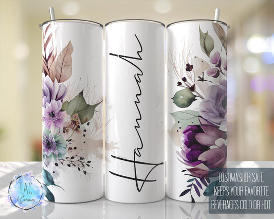 Purple Floral, Flowers. Tumbler Wrap with Name, Add Your Own Text  Seamless Gift for her, Travel Tumbler- Skinny 20oz Tumbler
