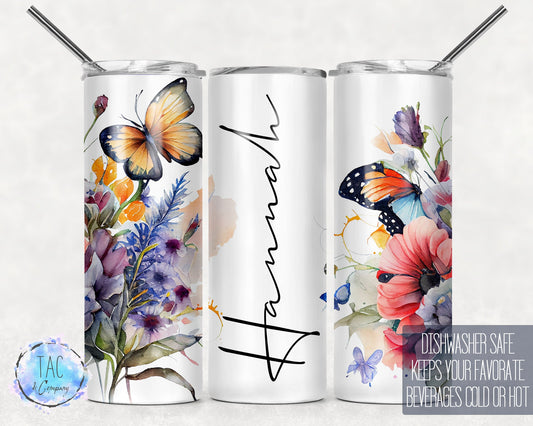 Butterfly Floral Tumbler Wrap Add Your Own Name Colorful Flowers, Seamless Gift for her, Travel Tumbler- Skinny 20oz Tumbler
