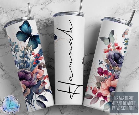 Floral Butterfly Tumbler Wrap Add Your Own Name Purple Flowers, Seamless Gift for her, Travel Tumbler- Skinny 20oz Tumbler