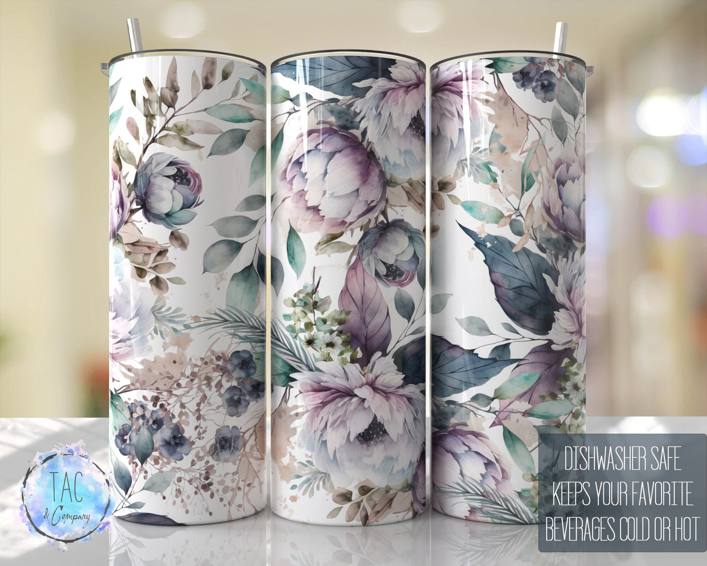 Tumbler Wrap Purple Flowers Floral Tumbler Wrap Seamless Gift for her, Mothers Day Travel Tumbler- Skinny 20oz Tumbler