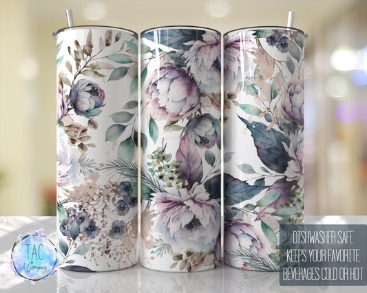 Tumbler Wrap Purple Flowers Floral Tumbler Wrap Seamless Gift for her, Mothers Day Travel Tumbler- Skinny 20oz Tumbler