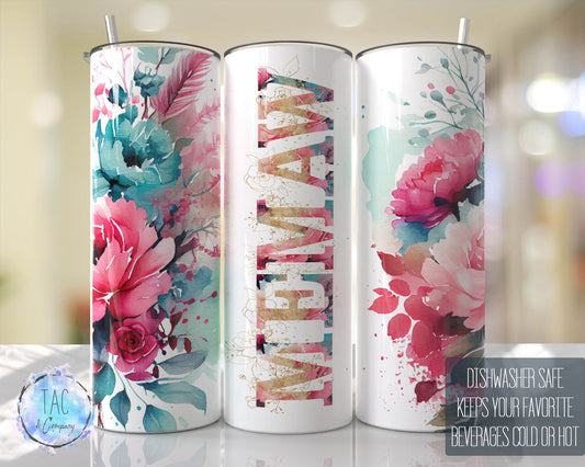 Memaw Aqua Blue Floral Seamless Floral Tumbler Seamless Gift for her, Mothers Day Travel Tumbler- Skinny 20oz Tumbler