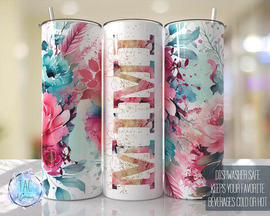 MIMI Aqua Blue Floral Seamless Floral Tumbler Seamless Gift for her, Mothers Day Travel Tumbler- Skinny 20oz Tumbler