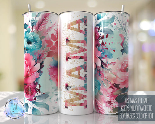 Mama Aqua Blue Floral Seamless Floral Tumbler Seamless Gift for her, Mothers Day Travel Tumbler- Skinny 20oz Tumbler