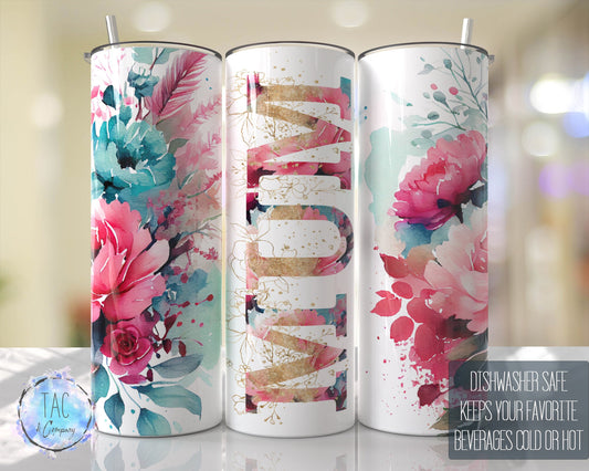 MUM Aqua Blue Floral Seamless Floral Tumbler Seamless Gift for her, Mothers Day Travel Tumbler- Skinny 20oz Tumbler