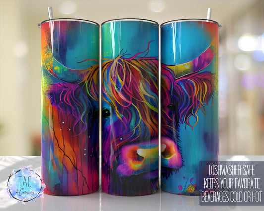 Bright Neon Highlander Cow Watercolor Tumbler