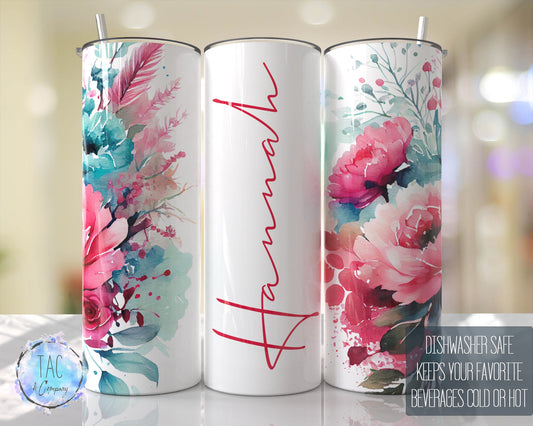 Aqua Blue and Pinks Full Floral Seamless Floral Tumbler Seamless Gift for her, Custom Name, Travel Tumbler