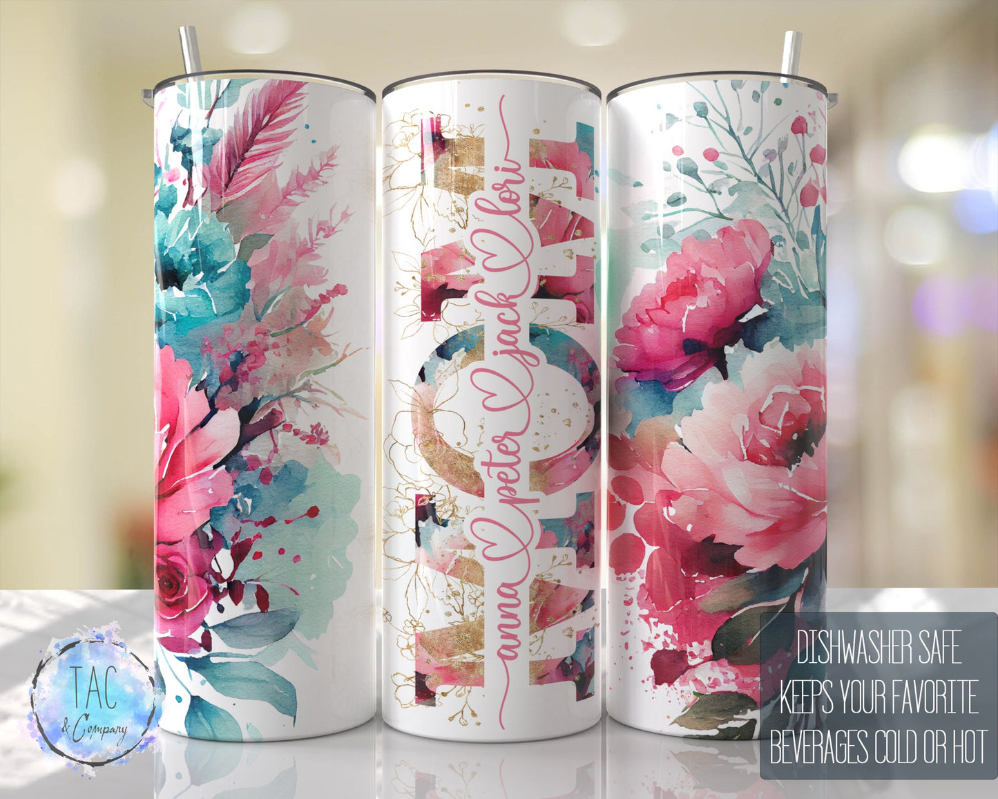 MOM Split For Children Names, Aqua Blue and Pinks Seamless Floral Tumbler