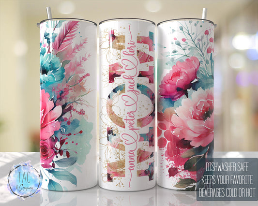 MOM Split For Children Names, Aqua Blue and Pinks Seamless Floral Tumbler