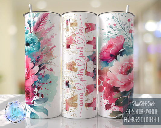 NAN Split For Children Names, Aqua Blue and Pinks Seamless Floral Tumbler Seamless Gift for her, Travel Tumbler