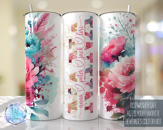 NANA Split For Children Names, Aqua Blue and Pinks Seamless Floral Tumbler Seamless Gift for her, Travel Tumbler