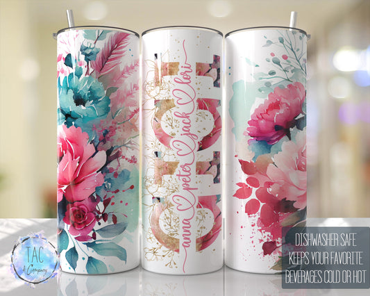 GIGI Split For Children Names, Aqua Blue and Pinks Seamless Floral Tumbler Seamless Gift for her, Travel Tumbler