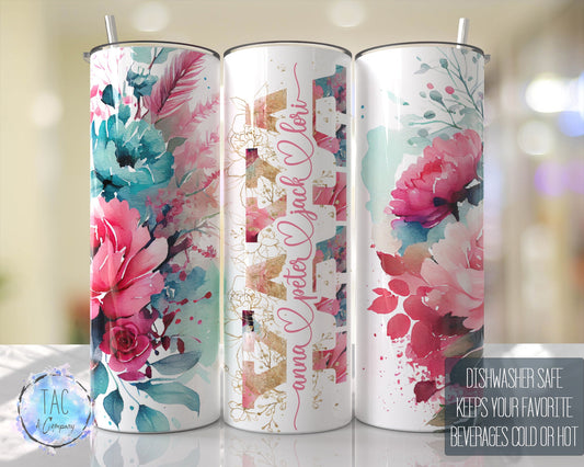 YAYA Split For Children Names, Aqua Blue and Pinks Seamless Floral Tumbler Seamless Gift for her, Travel Tumbler