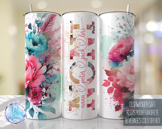 NONI Split For Children Names, Aqua Blue and Pinks Seamless Floral Tumbler Seamless Gift for her, Travel Tumbler