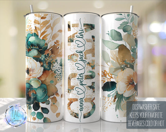 GRAN Split For Children Names, Emerald Green Gold Floral Seamless Floral Tumbler Gift for her, Travel Tumbler