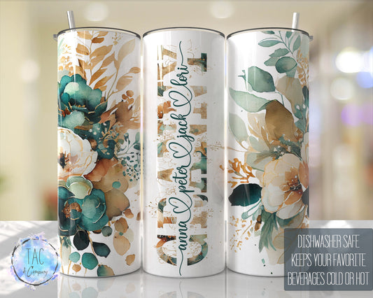 GRANNY Split For Children Names, Emerald Green Gold Floral Seamless Floral Tumbler Gift for her, Travel Tumbler