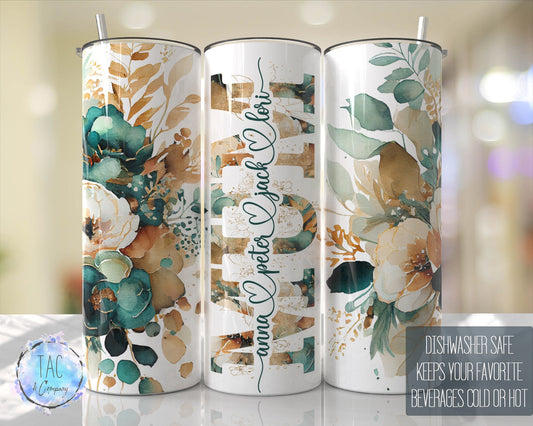 MUM Split For Children Names, Emerald Green Gold Floral Seamless Floral Tumbler Gift for her, Travel Tumbler