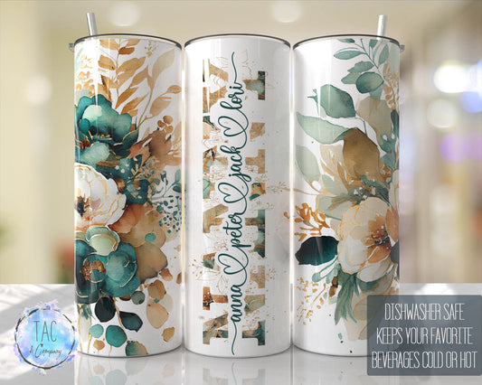 NANNY Split For Children Names, Emerald Green Gold Floral Seamless Floral Tumbler Gift for her, Travel Tumbler