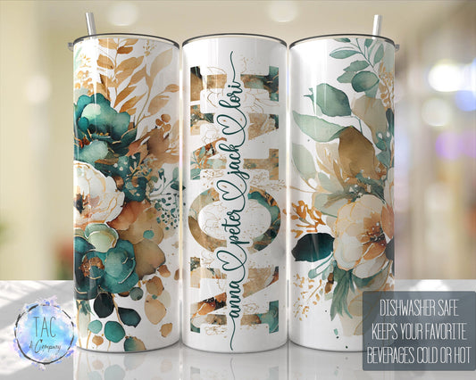 NONI Split For Children Names, Emerald Green Gold Floral Seamless Floral Tumbler Gift for her, Travel Tumbler