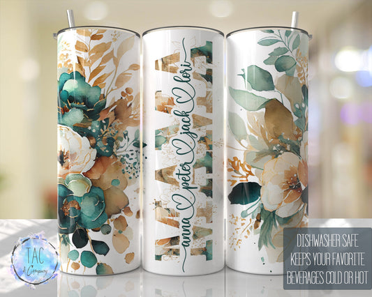 MAMA Split For Children Names, Emerald Green Gold Floral Seamless Floral Tumbler Gift for her, Travel Tumbler