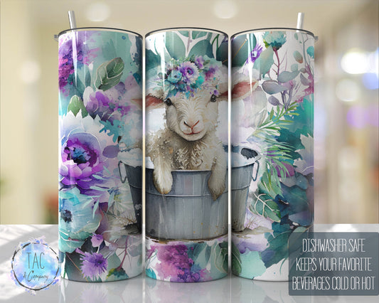 Lamb Sheep in the Tub Farm Western, Floral Tumbler Wrap Purple Aqua Flowers 20oz Skinny Tumbler-Free Shipping