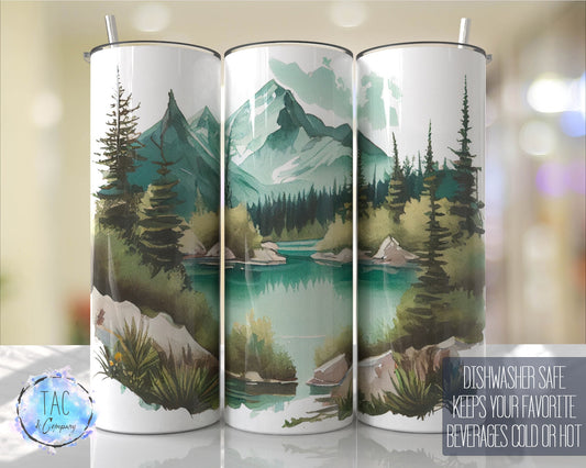 Mountains Watercolor, Trees, Water, Rocks  - Skinny 20oz Tumbler