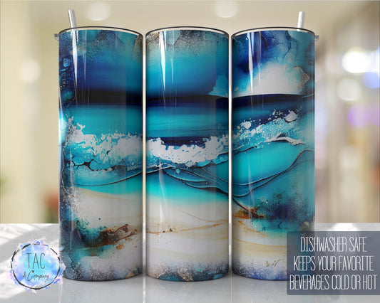 Beach Tumbler, Blue Agate Alcohol Ink Gold, Gift for Housewarming,   - Skinny 20oz Tumbler