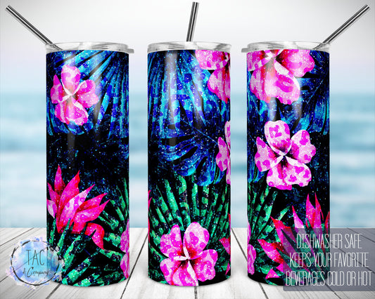 Hot Pink Flowers Tropical Tumbler, Bright Colors  - Skinny 20oz Tumbler - Free Shipping