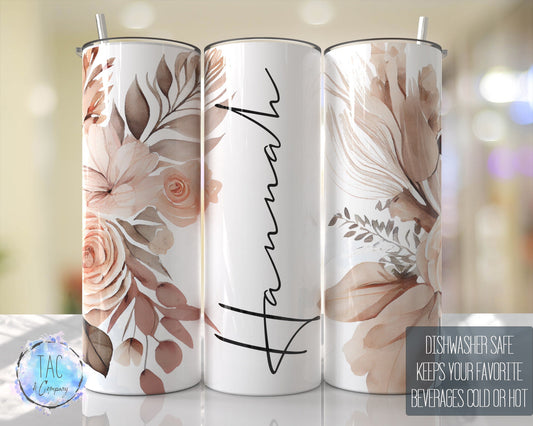 Custom Name Tumbler Boho Beige and Pink Floral  Seamless Gift for her, Mothers Day Travel Tumbler- Skinny 20oz Tumbler