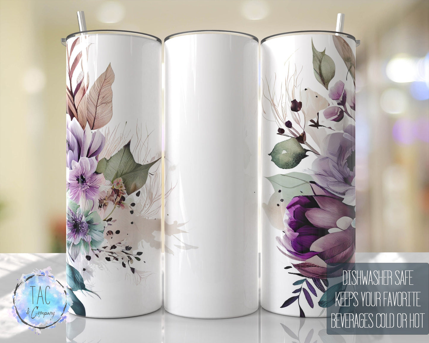 Purple Floral, Flowers. Tumbler Wrap with Name, Add Your Own Text  Seamless Gift for her, Travel Tumbler- Skinny 20oz Tumbler