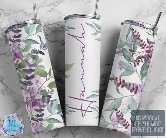 Floral Tumbler Wrap Add Your Own Name Purple Flowers, Seamless Gift for her, Travel Tumbler- Skinny 20oz Tumbler