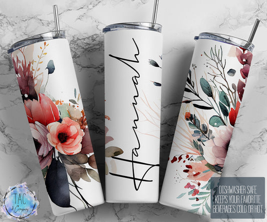 Floral Tumbler, Add Your Own Name Colorful Boho Flowers, Seamless Gift for her, Travel Tumbler- Skinny 20oz Tumbler