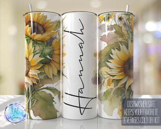 Sunflower Tumbler Wrap with Name, Add Your Own Text  Seamless Gift for her, Travel Tumbler- Skinny 20oz Tumbler