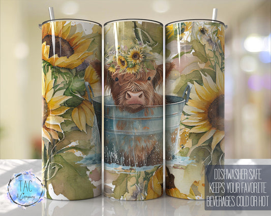 Sunflowers with Baby Highlander Cow in Water Bucket, Watercolor Tumbler