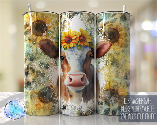 Sunflower Cow with Watercolors florals Tumbler Seamless Gift - Skinny 20oz Tumbler