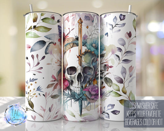 Skull with Watercolors florals Tumbler Seamless Gift - Skinny 20oz Tumbler