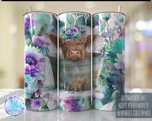 Highland Cow in the Tub Farm Western, Floral Tumbler Wrap Purple Aqua Flowers 20oz Skinny Tumbler-Free Shipping