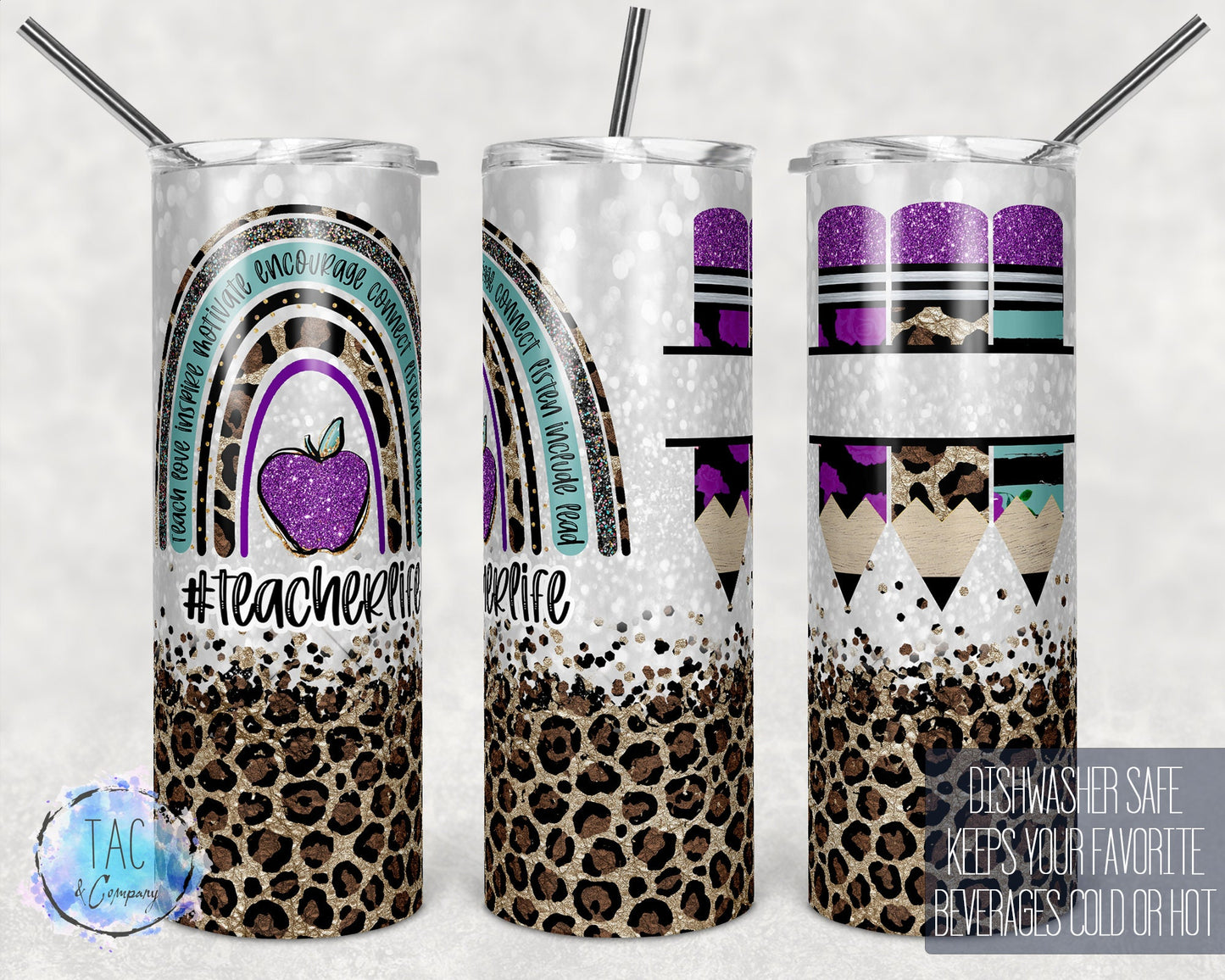 Rainbow Leopard Teacher, Pencil Monogram #TeacherLife  Gift For Teacher 20oz Skinny Tumbler-Free Shipping