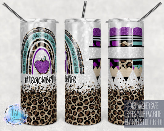Rainbow Leopard Teacher, Pencil Monogram #TeacherLife  Gift For Teacher 20oz Skinny Tumbler-Free Shipping