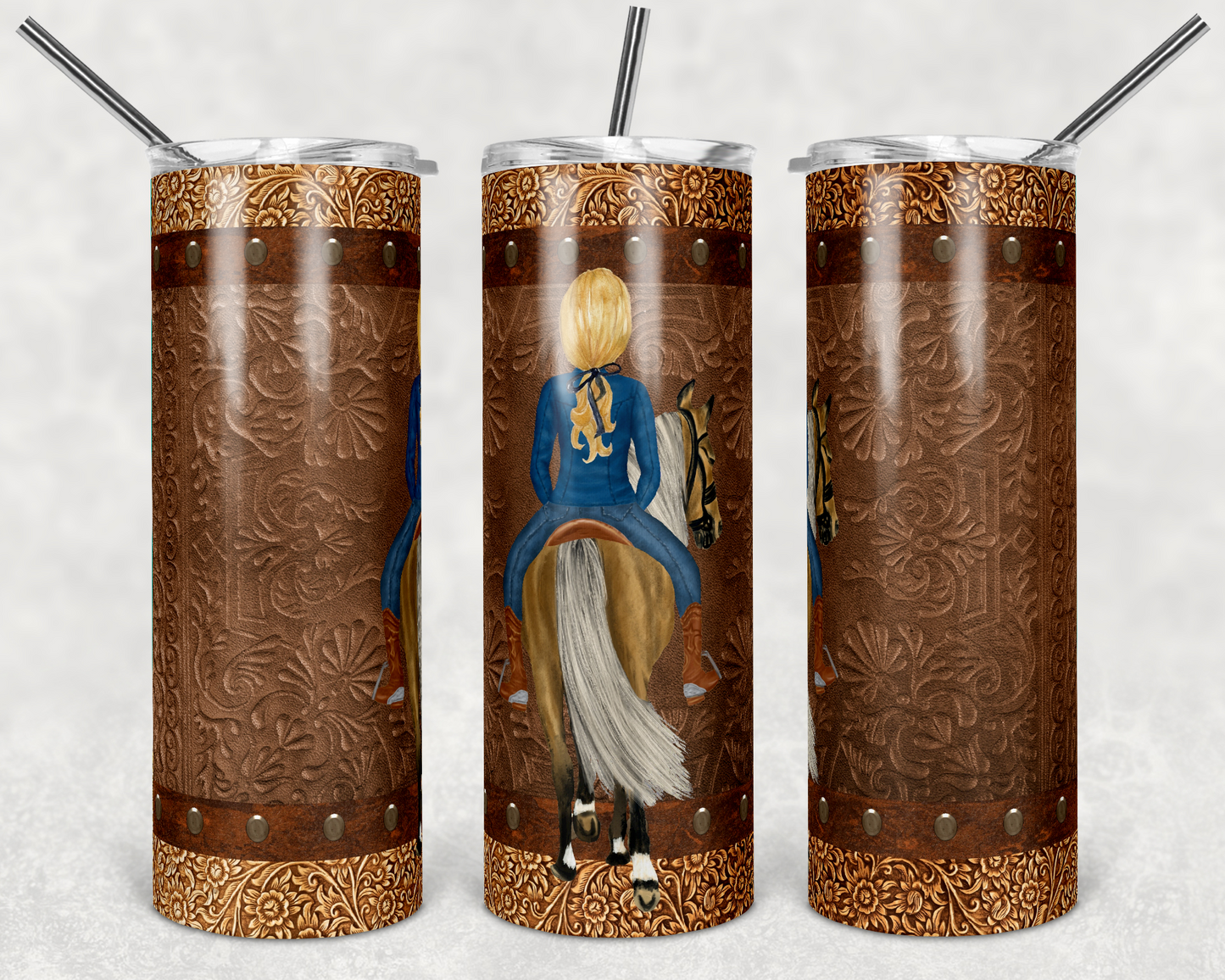 Leather Horse Walking Away - 20 oz or 30oz Skinny Tumblers w/ Lid and Metal Straw