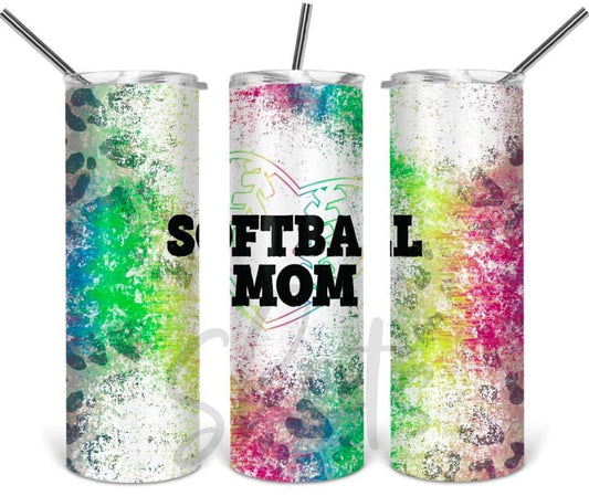 Softball Mom Cheetah Rainbow -20 oz or 30oz Skinny Tumblers w/ Lid and Metal Straw