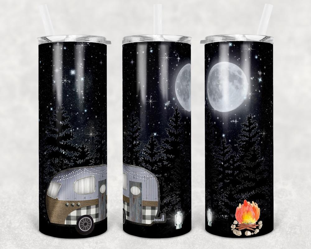 Brown and Plaid Camper Moonlight  - 20oz or 30oz Skinny Tumblers w/ Lid and Metal Straw