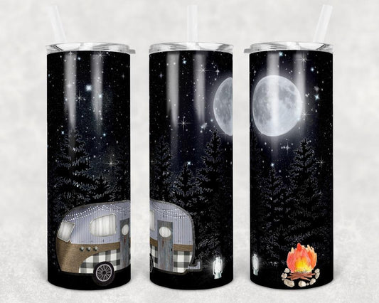 Brown and Plaid Camper Moonlight  - 20oz or 30oz Skinny Tumblers w/ Lid and Metal Straw