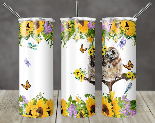 Owl Sunflowers- 20oz or 30oz Skinny Tumblers w/ Lid and Metal Straw