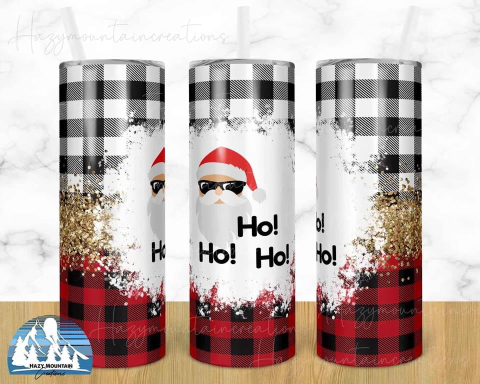 Christmas Plaid Ho Ho Ho - 20oz or 30oz Skinny Tumblers w/ Lid and Metal Straw