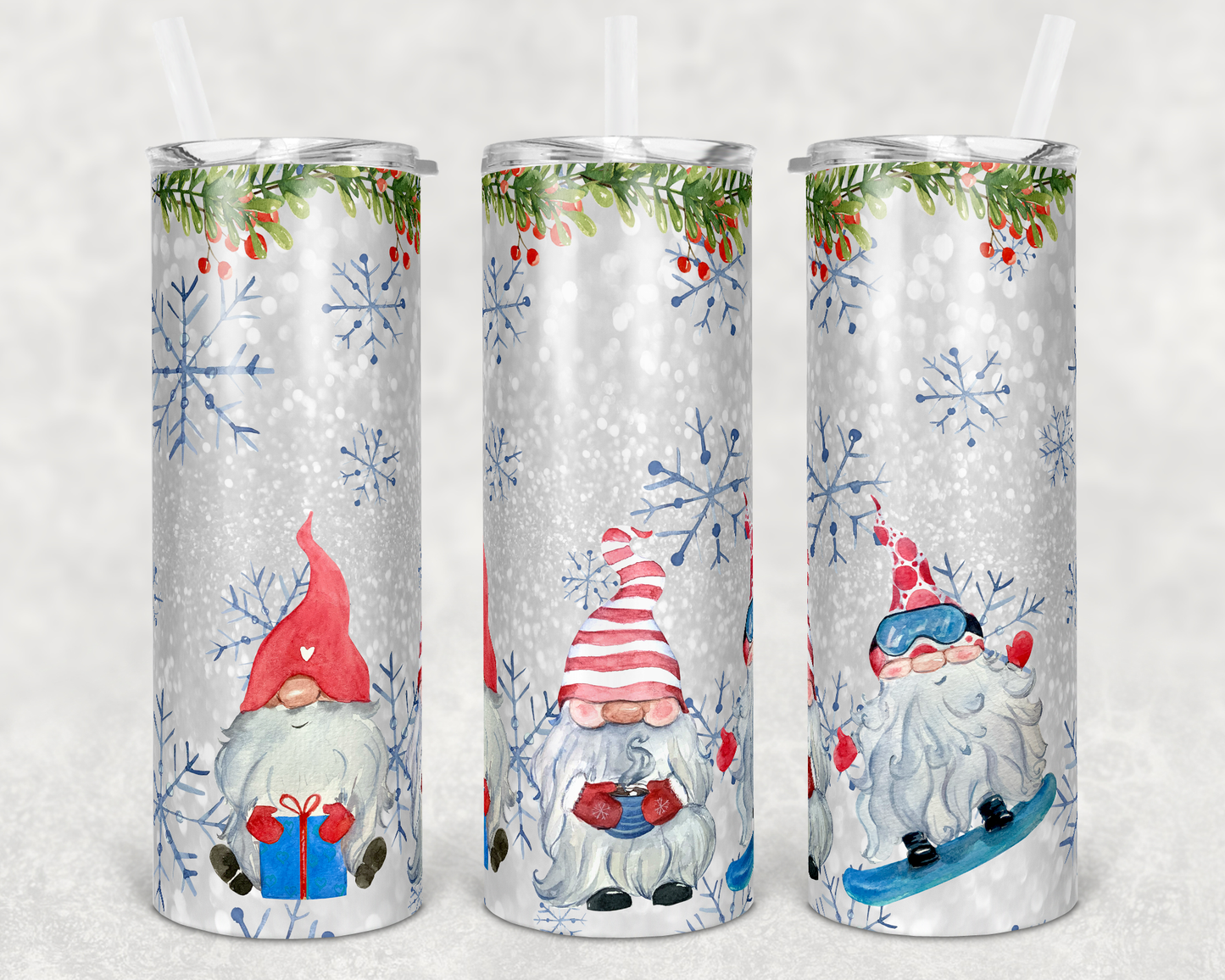 3 sitting Gnome- 20 oz or 30oz Skinny Tumblers w/ Lid and Metal Straw