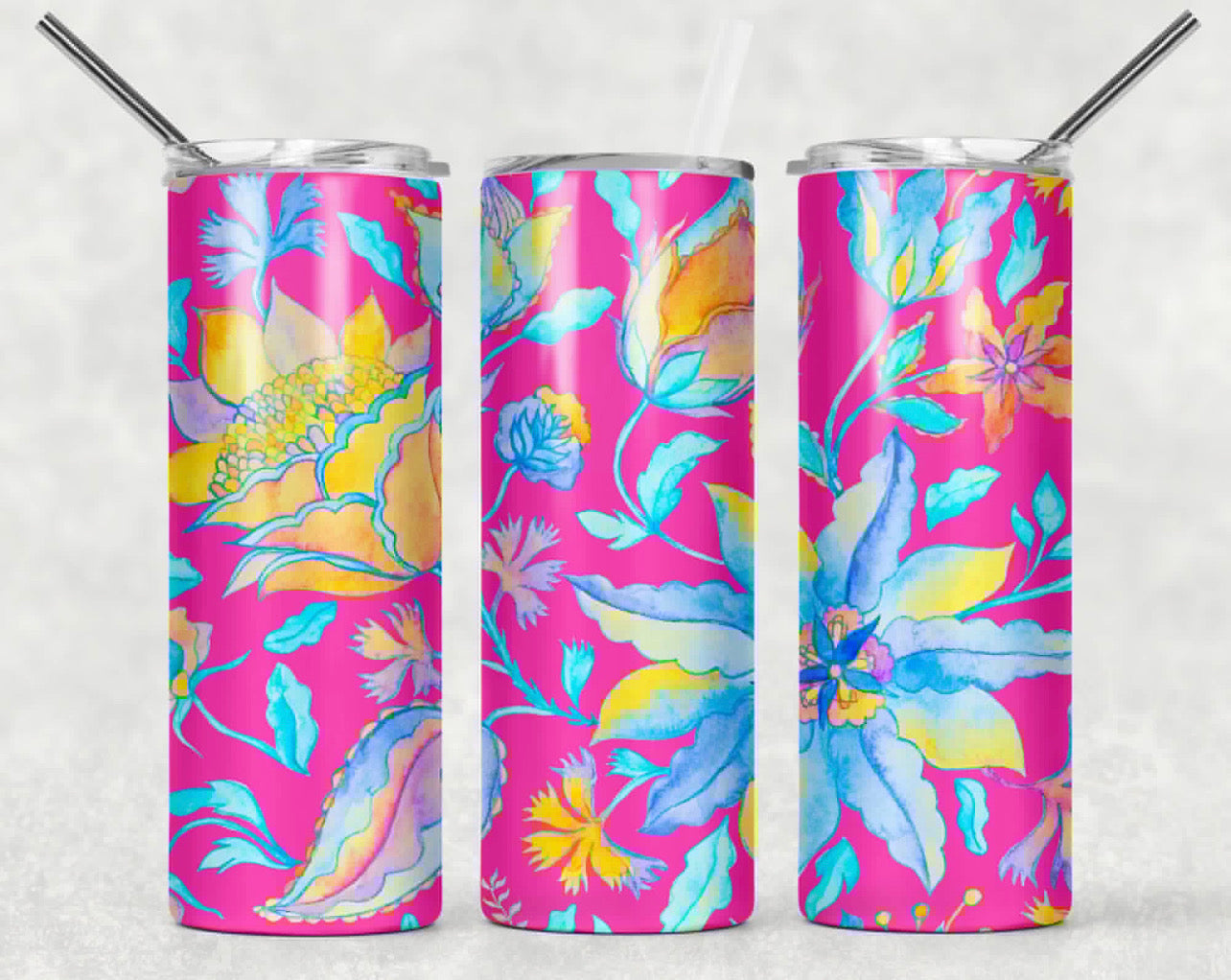 Multi color flowers - 20oz or 30oz Skinny Tumblers w/ Lid and Metal Straw