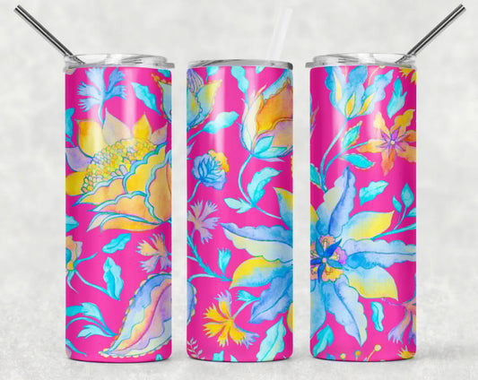 Multi color flowers - 20oz or 30oz Skinny Tumblers w/ Lid and Metal Straw