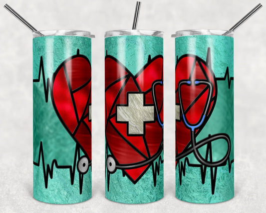 Heart Stained Glass Nurse- 20oz or 30oz Skinny Tumblers w/ Lid and Metal Straw