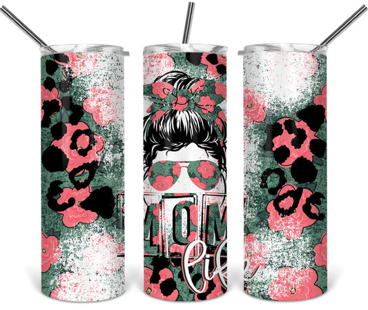 Pink Cheetah Mom Life- 20oz or 30oz Skinny Tumblers w/ Lid and Metal Straw
